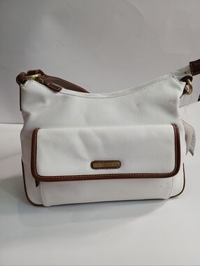 White Shoulder Bag | Strada Handbag | Small Purse | Brown Trim | Classic Style